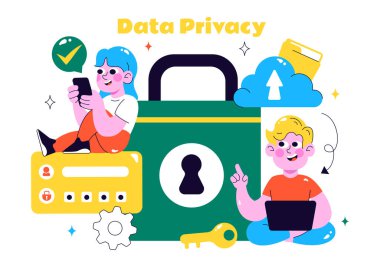 Bir Ekran, Güvenlik Bilgisi, Belgeler ve Veri Koruma Arkaplanındaki Siber Güvenliği içeren Veri Gizlilik Vektörü İllüstrasyonu