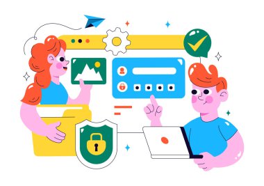 Bir Ekran, Güvenlik Bilgisi, Belgeler ve Veri Koruma Arkaplanındaki Siber Güvenliği içeren Veri Gizlilik Vektörü İllüstrasyonu