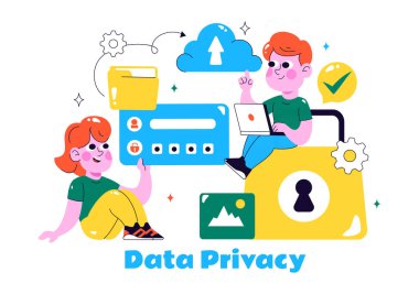 Bir Ekran, Güvenlik Bilgisi, Belgeler ve Veri Koruma Arkaplanındaki Siber Güvenliği içeren Veri Gizlilik Vektörü İllüstrasyonu