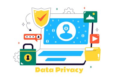 Bir Ekran, Güvenlik Bilgisi, Belgeler ve Veri Koruma Arkaplanındaki Siber Güvenliği içeren Veri Gizlilik Vektörü İllüstrasyonu