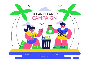 Okyanus Temizleme Kampanyası İllüstrasyonunda Doğayı Yenilemek ve Çevresel Farkındalığı Artırmak İçin Deniz Plajının Çöp ve Çöpten Temizlenmesi