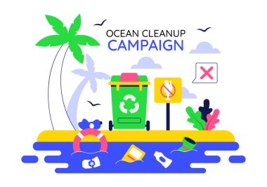 Okyanus Temizleme Kampanyası İllüstrasyonunda Doğayı Yenilemek ve Çevresel Farkındalığı Artırmak İçin Deniz Plajının Çöp ve Çöpten Temizlenmesi