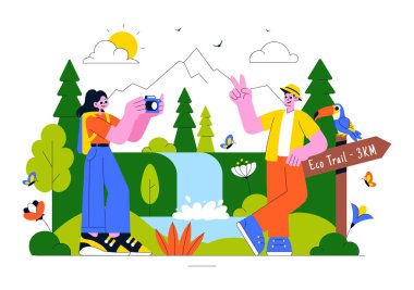 Çevre Koruma, Yerel Kültür ve Toplumsal Güçlendirme İçin Doğa Turizmi Öngörülen Eko Turizm Seyahat Hedefi İllüstrasyonu