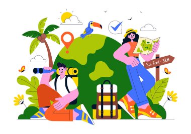 Çevre Koruma, Yerel Kültür ve Toplumsal Güçlendirme İçin Doğa Turizmi Öngörülen Eko Turizm Seyahat Hedefi İllüstrasyonu