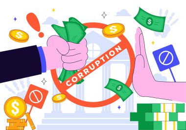 Uluslararası Yolsuzlukla Mücadele Günü İllüstrasyonunda Dolar Sikkeleri, Yasaklama İşareti ve Zincirlerle Para Vermeyi Bırakma Gösterisi