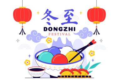 Dongzhi Festival Translation. Winter Solstice Festival Illustration Featuring Traditional Chinese Foods Tangyuan and Jiaozi in a Cultural Background