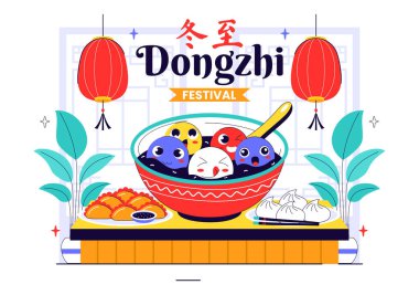 Dongzhi Festival Translation. Winter Solstice Festival Illustration Featuring Traditional Chinese Foods Tangyuan and Jiaozi in a Cultural Background