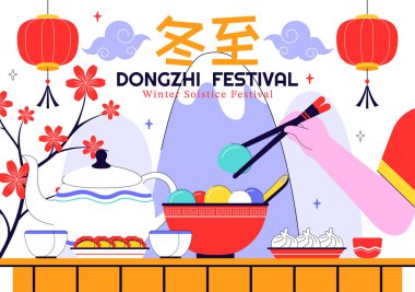 Dongzhi Festival Translation. Winter Solstice Festival Illustration Featuring Traditional Chinese Foods Tangyuan and Jiaozi in a Cultural Background