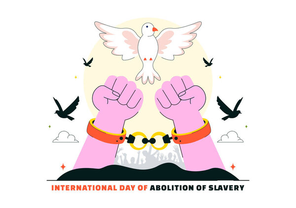 International Day for the Abolition of Slavery Illustration on December 2, Featuring Handcuffs, Broken Chains, and Flying Pigeons in a Background