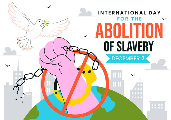 International Day for the Abolition of Slavery Illustration on December 2, Featuring Handcuffs, Broken Chains, and Flying Pigeons in a Background