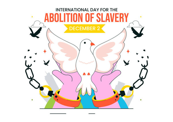 International Day for the Abolition of Slavery Illustration on December 2, Featuring Handcuffs, Broken Chains, and Flying Pigeons in a Background