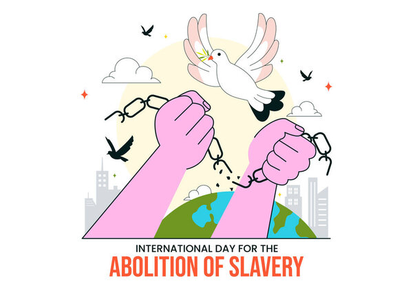 International Day for the Abolition of Slavery Illustration on December 2, Featuring Handcuffs, Broken Chains, and Flying Pigeons in a Background