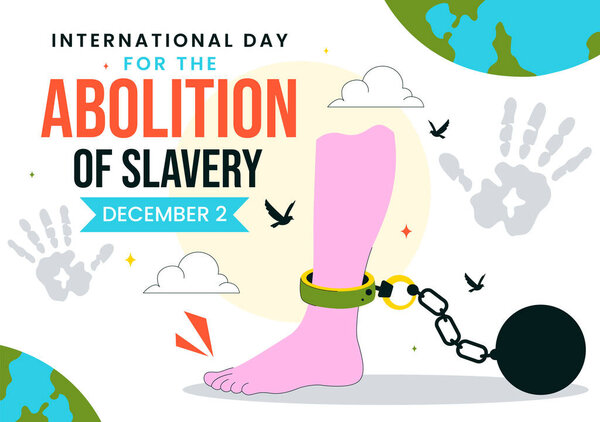 International Day for the Abolition of Slavery Illustration on December 2, Featuring Handcuffs, Broken Chains, and Flying Pigeons in a Background
