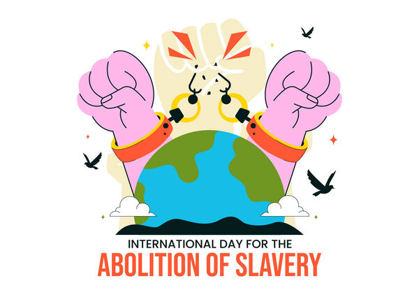 International Day for the Abolition of Slavery Illustration on December 2, Featuring Handcuffs, Broken Chains, and Flying Pigeons in a Background