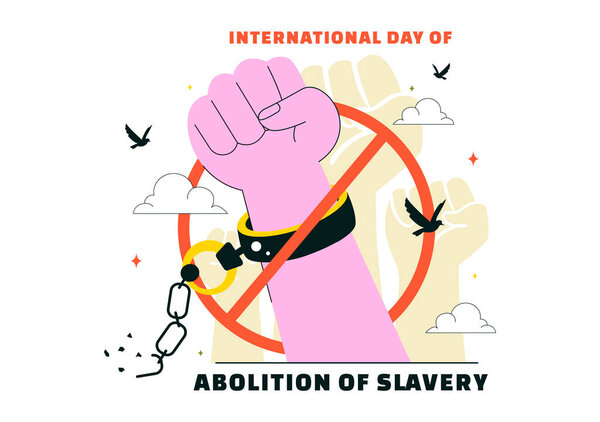 International Day for the Abolition of Slavery Illustration on December 2, Featuring Handcuffs, Broken Chains, and Flying Pigeons in a Background