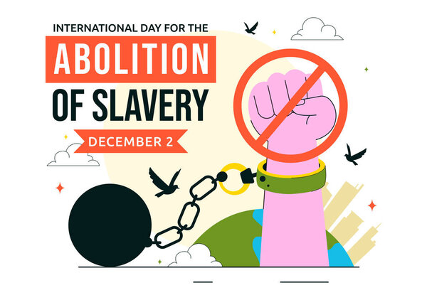 International Day for the Abolition of Slavery Illustration on December 2, Featuring Handcuffs, Broken Chains, and Flying Pigeons in a Background