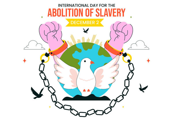 International Day for the Abolition of Slavery Illustration on December 2, Featuring Handcuffs, Broken Chains, and Flying Pigeons in a Background