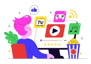 Çevrimiçi Akımlı Platformlar İllüstrasyonu Video Bağlantılı Canlı Yayını İzleyen İnsanlar, Çevrimiçi Eğitim ve Çevrimiçi Seyircilere Erişilenler