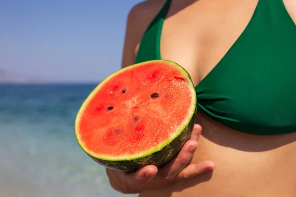 Woman Eating Watermelon Beach — Stock Photo, Image
