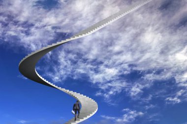 A businessman climbs the career ladder to heaven. Bright sky with clouds on the background of the stairs of life.