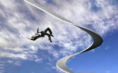 A businessman falling down the career ladder. A symbol of the fall of career and finances.