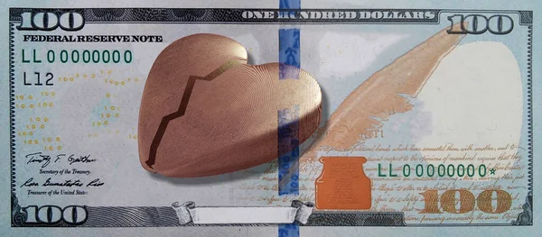 Broken Model Human Heart Hundred Dollar Bill Instead Portrait Symbol — Stock Photo, Image