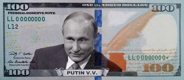 Hundred Dollar Bill Portrait Putin Symbol Russia Financial Conflict America — Stock Photo, Image