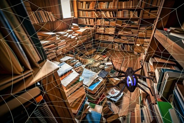 내부에는 거미줄로 도서관 가까이 거미가 있습니다 거미등에는 문구가 새겨져 있습니다 — 스톡 사진