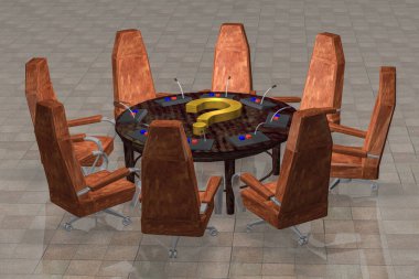 Etrafta sandalyeler olan yuvarlak masa. Masada bir soru işareti var. Çözülemez sorunların sembolü ya da dünya sorunlarını çözmek için isteksizliğin. 3d oluşturma,