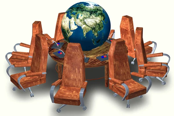 Planeta Terra Está Cima Mesa Mesa Redonda Com Cadeiras Redor — Fotografia de Stock