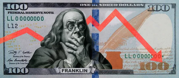 Ett Humoristiskt Porträtt Parodi Hundradollarsedel Usa Ett Överraskat Porträtt Franklin — Stockfoto
