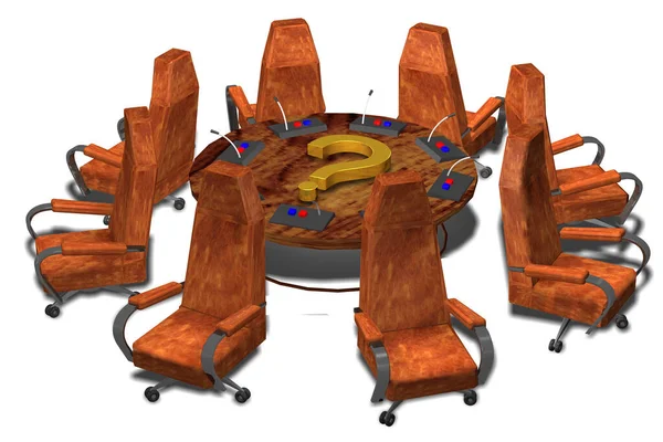 Okrągły Stół Krzesłami Obraca Się Przeciwnym Kierunku Stole Jest Znak — Zdjęcie stockowe