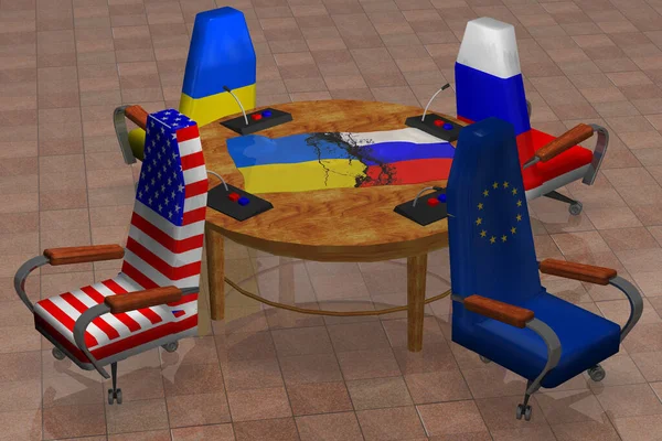Mesa Redonda Cadeiras Com Textos Dos Países Dos Eua Rússia — Fotografia de Stock