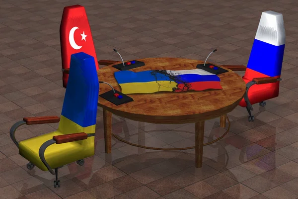 A round table with the texture of the flags of Russia and Ukraine and Turkey. The Chairman from Russia and Ukraine have their backs to the table. The concept of conflict between countries. 3d rendering.