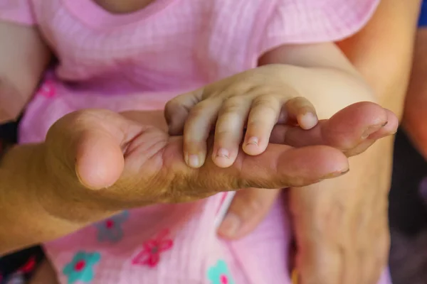 Close-up of a small child\'s hand on the palm of an old grandmother. A gesture signifying support and love, unity, cohesion regarding the concept of people