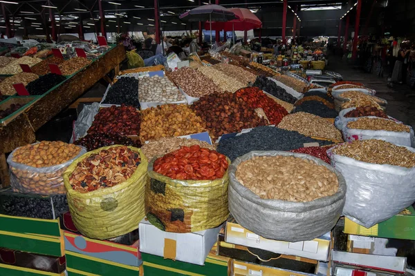 Dried fruits on the market in bags. Vegetarian food