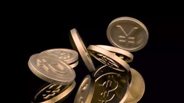  4K videolarda avroyla altın sikkeler, Amerikan doları, ruble, yuan, sterlin ve bitcoin logoları gökyüzünden yere düşüp paramparça oluyor. Çatlak bir bitcoin 'in yakın çekimi, d' yi sembolize ediyor.