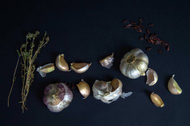 Karanlık bir arka planda taze sarımsak ve organik baharatlar. Organik yemek..