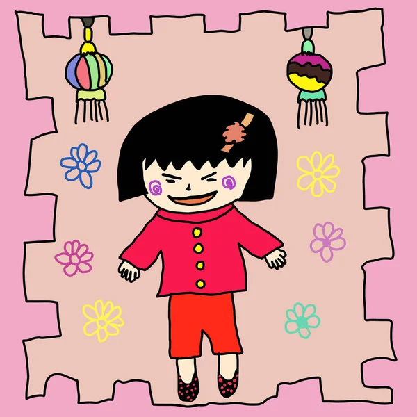 Chinese girl hand drawn in cartoon character with happy face,colorful background and lantern