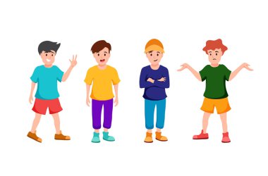 Little boys in cartoon character,wearing colorful costume,acting different emotion,on white background
