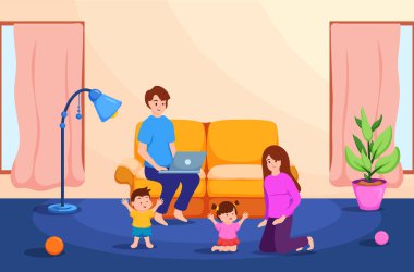 Father use laptop for working.Mother,daughter and son playing together,doing activity in family time,at living room