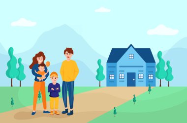 Father,Mother and children standing in front of their home,plenty of green grass and trees,drawing in cartoon style