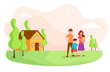 Father,Mother and children standing in front of their home,plenty of green grass and trees,drawing in cartoon style