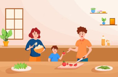 Father,Mother and son preparing ingredient food, for cooking together,in kitchen,happy family time