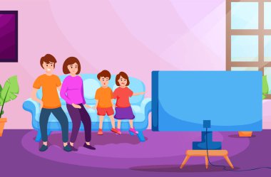 Father,Mother,daughter and son sitting on sofa,watching television together,family time,at living room