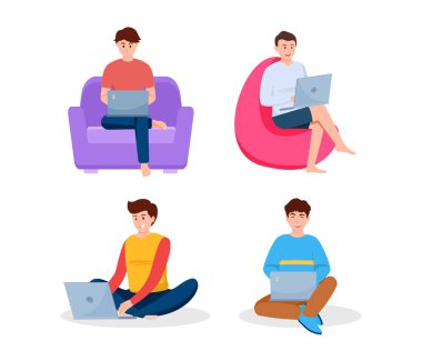 Handsome man using laptop for working and learning in cartoon character,different style