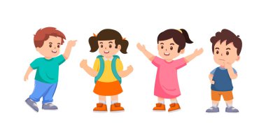 Little boys and girls in cartoon character,wearing colorful costume,posing different emotion,on white background.