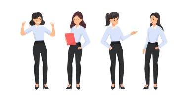 Young smart womens in cartoon character,posing different emotion,isolated on white background