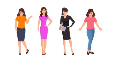 Smart women in cartoon character,wearing beautiful costume,posing different emotion,with happy feeling,isolated on white background