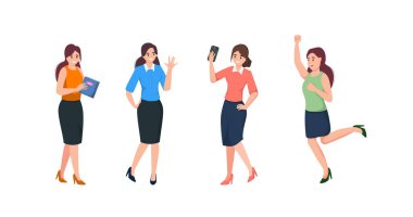 Smart women in cartoon character,wearing beautiful costume,posing different emotion,with happy feeling,isolated on white background